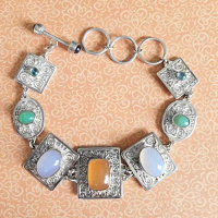 Orange and Blue Chalcedony Link Bracelet with Chrysoprase, Apatite, and Iolite