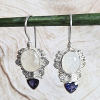 Sterling Silver Rainbow Moonstone and Iolite Latch Back Earrings