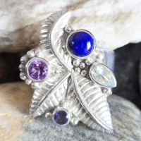 Sterling Silver Lapis, Amethyst, Iolite, and Aquamarine Ring with Silver Leaves Size 7