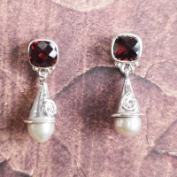 Sterling Silver Garnet Post Earrings with Peach Pearls
