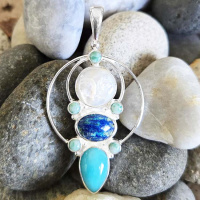 Mother of Pearl Goddess Pendant with Amazonite, Azurite, and Turquoise