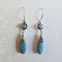 One of a Kind Compressed Turquoise Drop Earrings with Blue Topaz