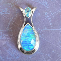 One of a Kind Blue Green Striated Created Opal Backed Quartz Pendant with Caribbean Quartz