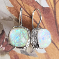 One of a Kind Snowy Created Opal Backed Quartz Latchback Earrings