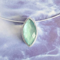 One of a Kind Sterling Silver Mother of Parl Backed Aqua Blue Quartz Pendant