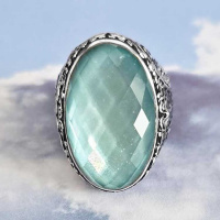One of a Kind Sterling Silver Mother of Parl Backed Aqua Blue Quartz Locket Ring Size 7