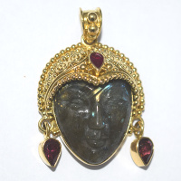 18K GOLD Labradorite Goddess Pendant with Pink Tourmaline and Ruby