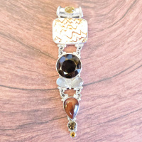 Sterling Silver Textile Cone Shell, Red Tiger Eye, Citrine, Smoky Quartz & Moonstone Pendant