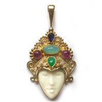 18K GOLD Goddess Pendant with Sapphire, Blue Opal, Emerald and Ruby