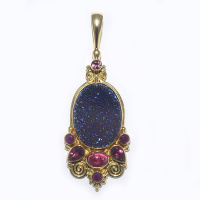 18K GOLD Caribbean Druzy Pendant with Pink Turmaline and Ruby