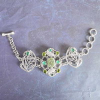 Enamel Print Forest Window Druzy Bracelet with Quartz and Silver Leaf Motif