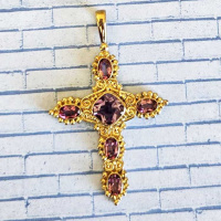 18K GOLD Amethyst and Passion Pink Topaz Cross Pendant