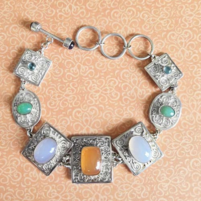 Orange and Blue Chalcedony Link Bracelet with Chrysoprase, Apatite, and Iolite