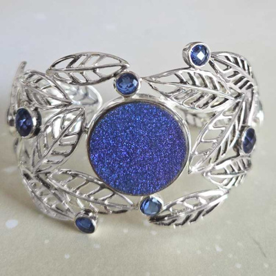 Blue Druzy Cuff Bracelet with Celestial Blue Quartz and Sterling Silver Leaf Design