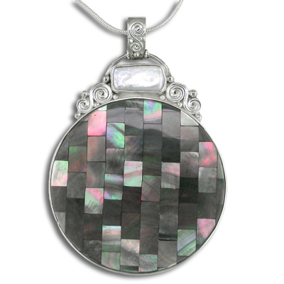 Sterling Silver Black Mother of Pearl Mosaic & White Pearl Pendant