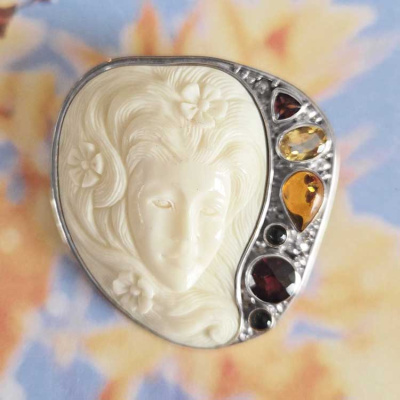 Flower Goddess Pin Pendant with Amber, Garnet, Citrine & Black Star Diopside