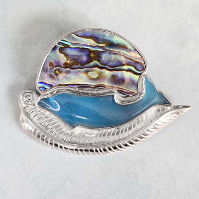 Sterling Silver Blue Fiber Optic Dolphin Pin Pendant with Paua Shell