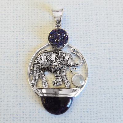 One of a Kind Elephant Pendant with Druzy, Amethyst, and Rainbow Moonstone 