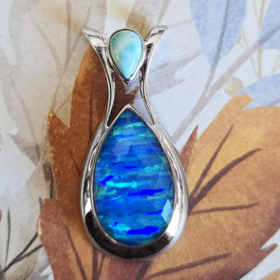 One of a Kind Blue Green Striated Created Opal Backed Quartz Pendant with Larimar