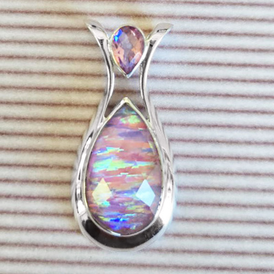 One of a Kind Lotus Pink Striated Created Opal Backed Quartz Pendant with Rainbow Pink Quartz