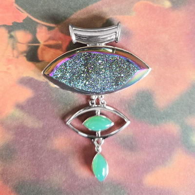 One of a Kind Rainbow Window Druzy Pendant with Chrysoprase