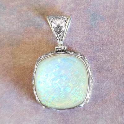 One of a Kind Snowy Created Opal Backed Quartz Pendant