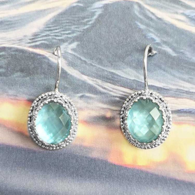 One of a Kind Sterling Silver Mother of Parl Backed Aqua Blue Quartz Earrings