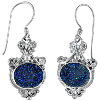 Caribbean Druzy Ornate Sterling Silver Dangle Earrings