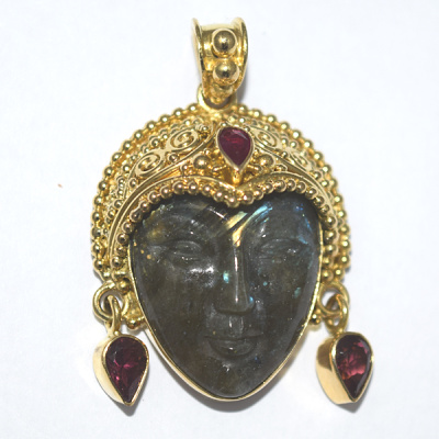 18K GOLD Labradorite Goddess Pendant with Pink Tourmaline and Ruby
