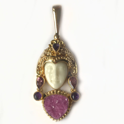 18K GOLD Goddess Pendant with Pink Druzy, Amethyst and Pink Tourmaline