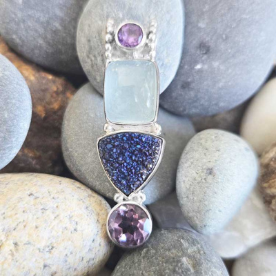 Druzy, Amethyst, and Aquamarine Pendant 