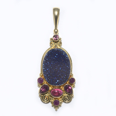 18K GOLD Caribbean Druzy Pendant with Pink Turmaline and Ruby
