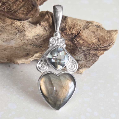 Sterling Silver Labradorite Heart and Light Green Quartz Silver Pendant