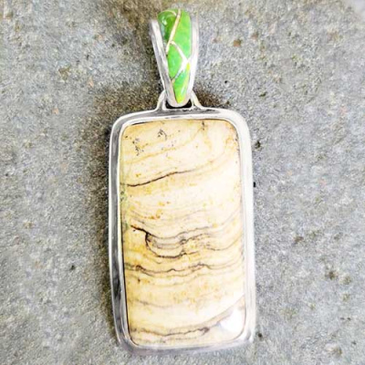 Sterling Silver Picture Jasper Pendant with Gaspeite Inlaid Bale