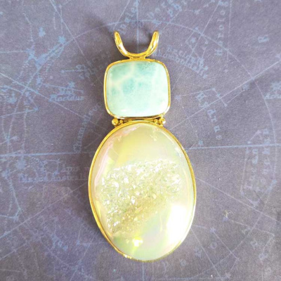 18K GOLD Larimar and Opalized Window Druzy Pendant